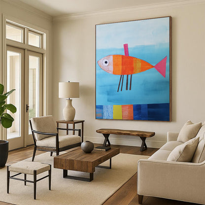 Contemporary abstract artwork features a paper fish in blue water with colorful details and textured fins against a playful backdrop. DLZ1260