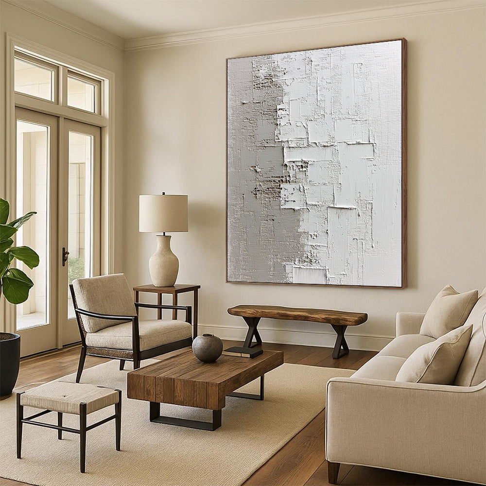 Contemporary hand-painted abstract artwork showcasing textured light gray and dark beige shades on a dark plaster background, evoking tranquility and depth. DLZ0832