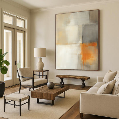 Contemporary hand-painted abstract artwork featuring light gray white and orange hues with a minimalistic building and soft shadows for a tranquil atmosphere. DLZ0986
