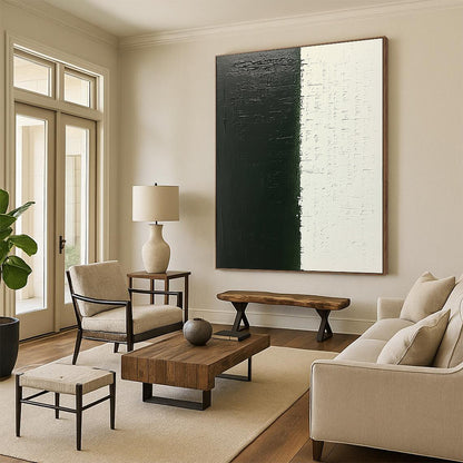 Contemporary abstract canvas featuring dark green handwritten text and layered black ink, evoking a sense of hidden narratives awaiting discovery. DLZ1522