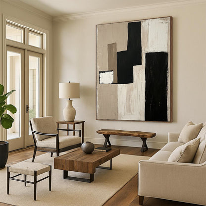 Contemporary hand-painted abstract artwork features minimalist composition with a monochromatic palette of beige black and white on unprimed canvas. DLZ0933