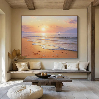 “Vibrant Beach Sunrise” - Orange, Pink, Gold, Realistic - Impressionist Seaside Painting On Canvas HB0677
