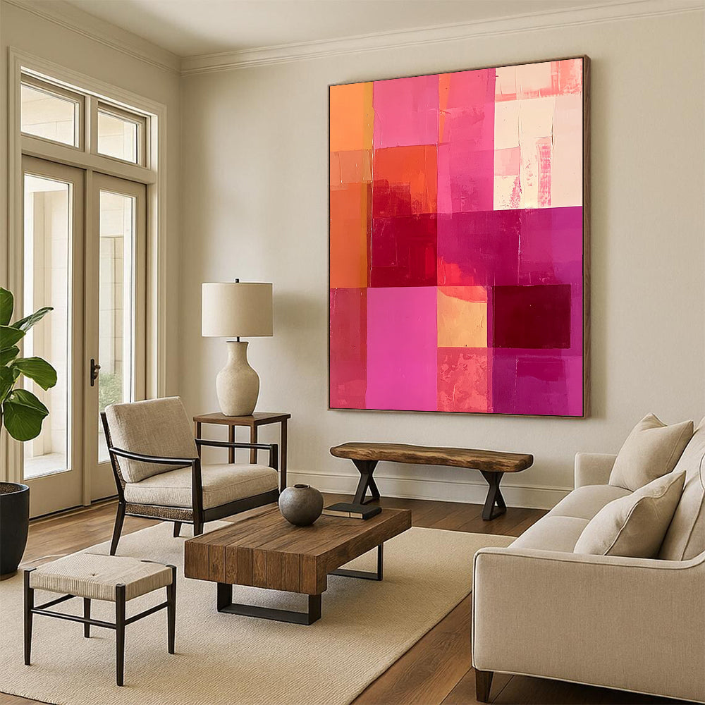 Large contemporary hand-painted abstract artwork featuring a vibrant hot pink and peach color scheme with bold squares and rectangles. DLZ1327