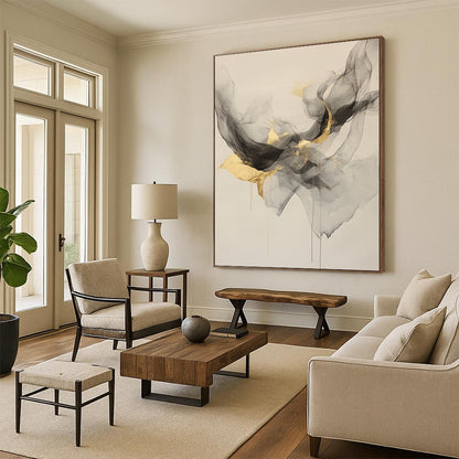 Beige, Gray, Gold, Flowing Shapes "Ethereal Elegance" Abstract Painting On Canvas HB025