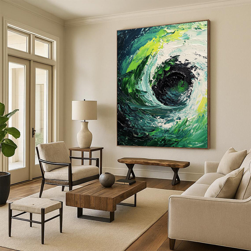 Contemporary abstract painting featuring a dynamic whirlpool of dark green and white waves with bold brushstrokes and striking light-dark contrast. DLZ1229