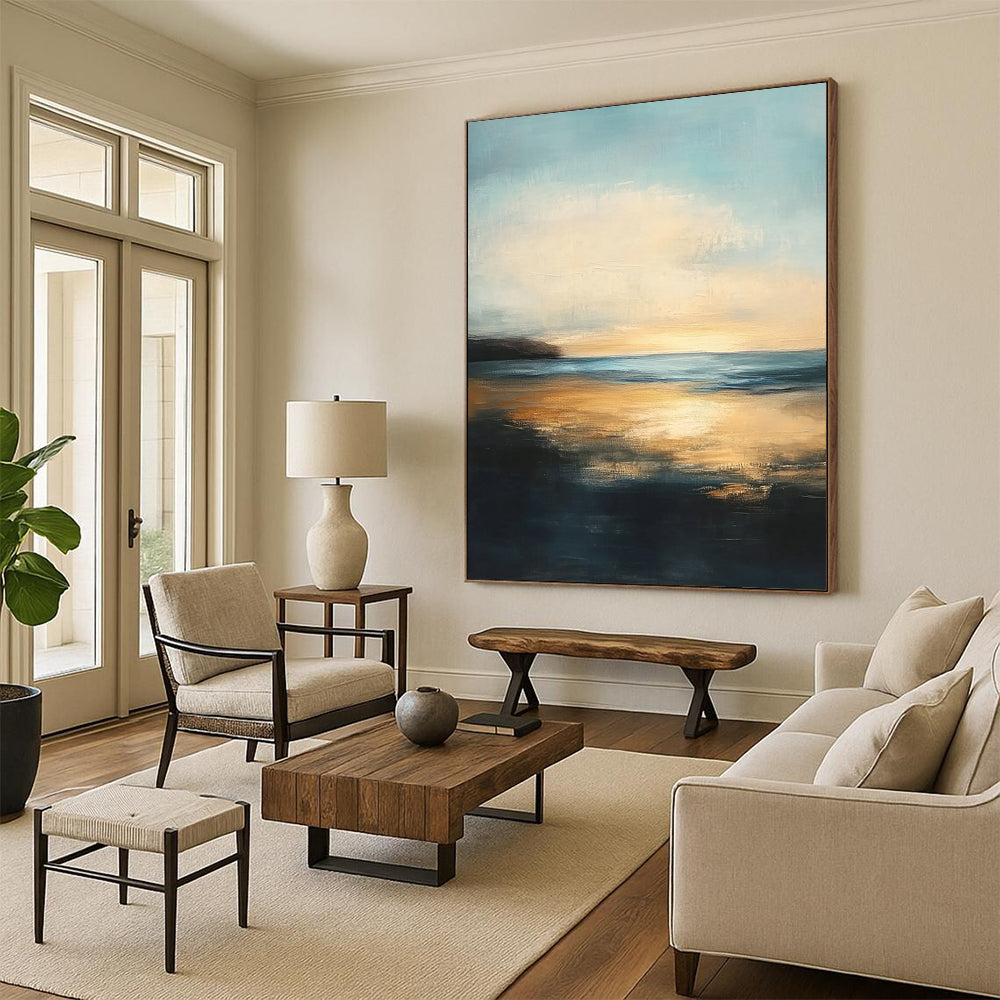 Contemporary abstract painting features a serene sea with golden sunset reflections and a tranquil sky, evoking peacefulness and contemplation in soft brushstrokes. DLZ0412
