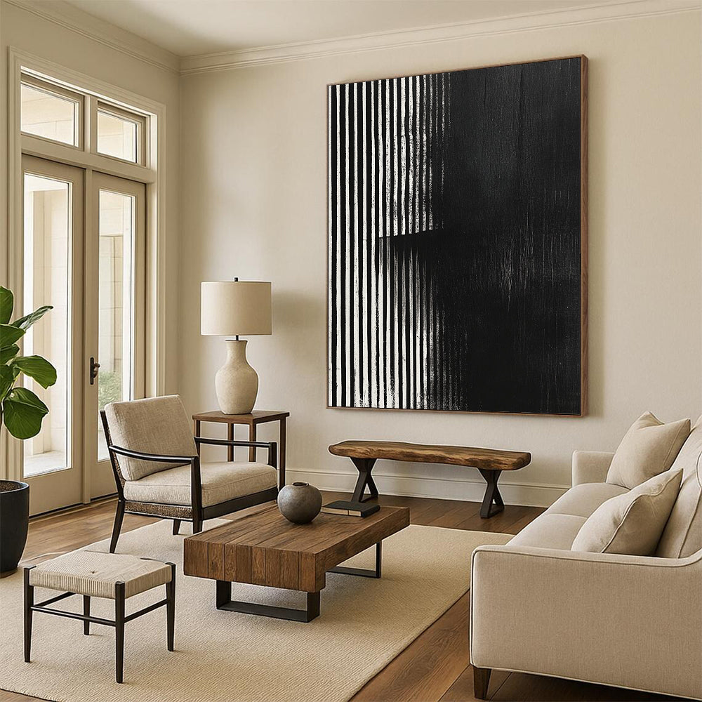 Contemporary hand-painted abstract art featuring black and white stripes with a grainy texture and focus stacking effect on a dark background. DLZ1489