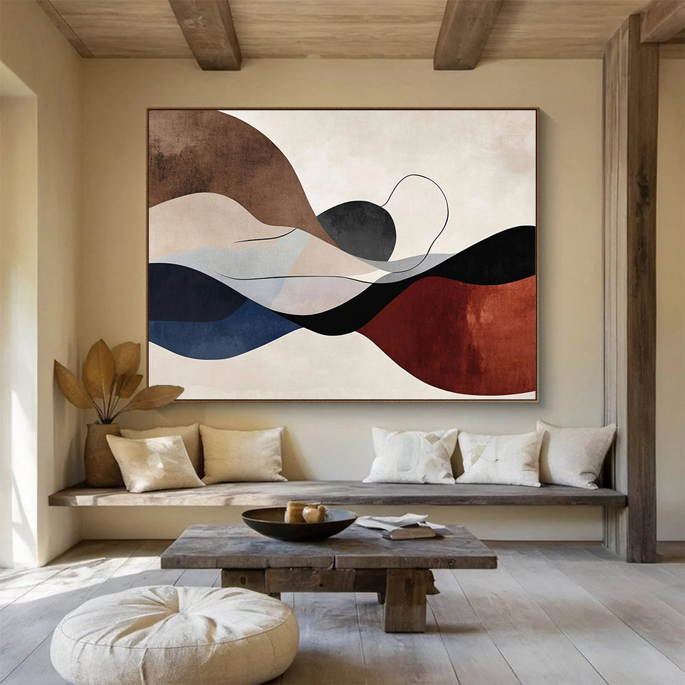 “Colorful Wavy Shapes” - Brown, Beige, Blue, Red with Curved Forms - Abstract Acrylic HB1362