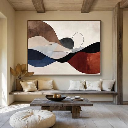 “Colorful Wavy Shapes” - Brown, Beige, Blue, Red with Curved Forms - Abstract Acrylic HB1362