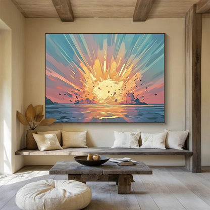 “Explosive Coastal Sunset” - Orange, Blue, Dynamic Coastal Explosion Painting On Canvas HB0891
