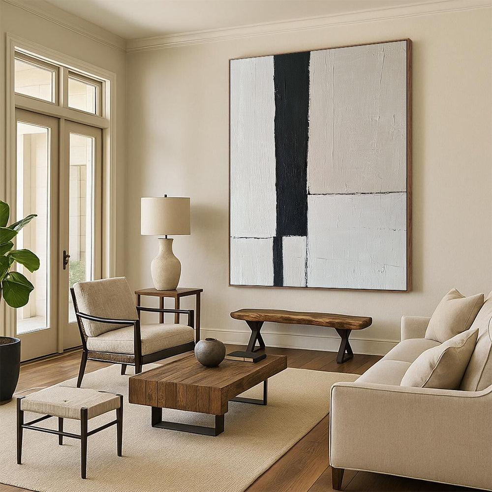 Contemporary abstract artwork features an off-white wall with a striking black vertical stripe, embodying the essence of minimalism through simple lines. DLZ1318