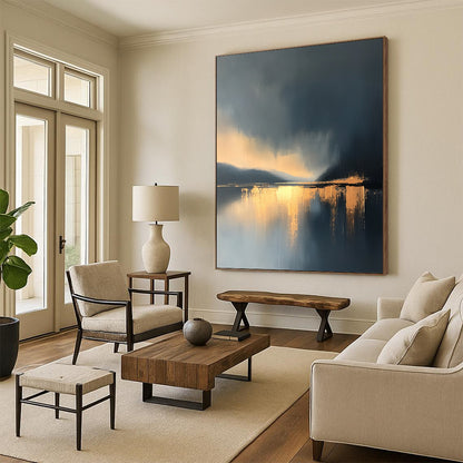 Large contemporary abstract painting features a lake and sky with golden light reflections and atmospheric clouds in minimalist modern art style. DLZ0470