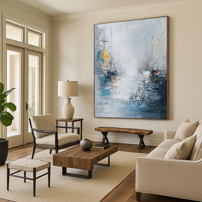 Contemporary abstract painting featuring sea and ships in a white gray blue palette with thick oil brush strokes. DLZ0636