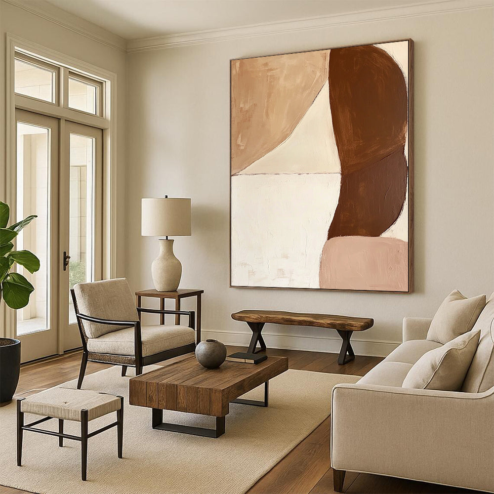 Large contemporary hand-painted abstract art featuring brown and white shapes with contrasting soft curves and bold forms for a dynamic composition. DLZ0639