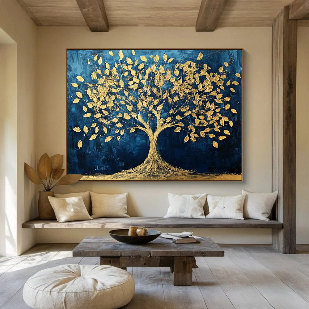 “Golden Tree of Life” - Blue, Gold, Tree Silhouette Painting On Canvas HB0734