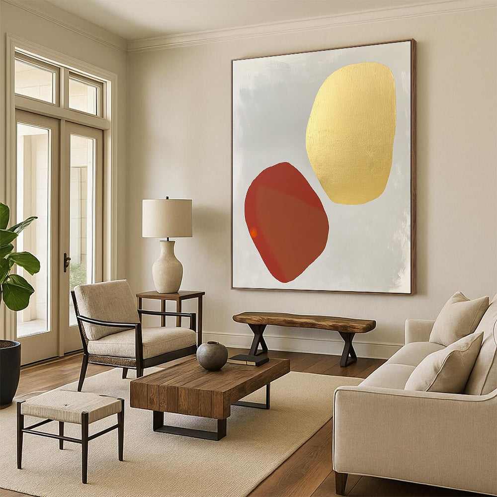 Contemporary abstract painting featuring white and gold shapes on light gray with organic forms and soft tones highlighted by pale red and orange accents. DLZ1735