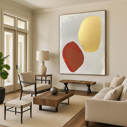 Contemporary abstract painting featuring white and gold shapes on light gray with organic forms and soft tones highlighted by pale red and orange accents. DLZ1735