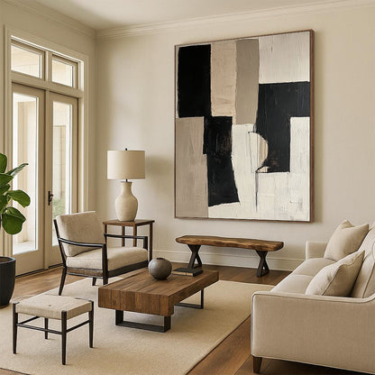 Contemporary abstract artwork featuring black and beige color blocks on a white background with organic shapes in mixed media and fragmented canvas. DLZ0688