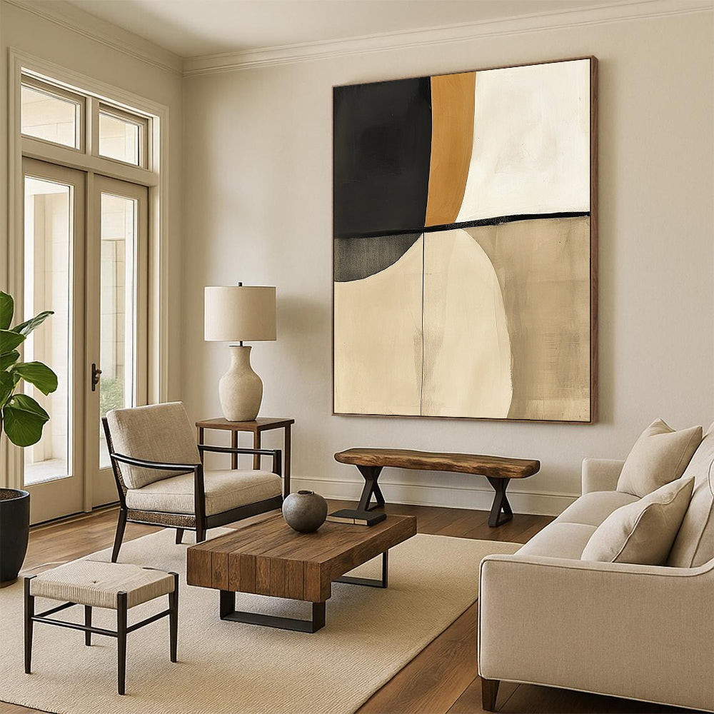 Contemporary hand-painted abstract artwork featuring beige and white tones with striking black accents resembling elegant shapes inspired by shoulder pads. DLZ1258