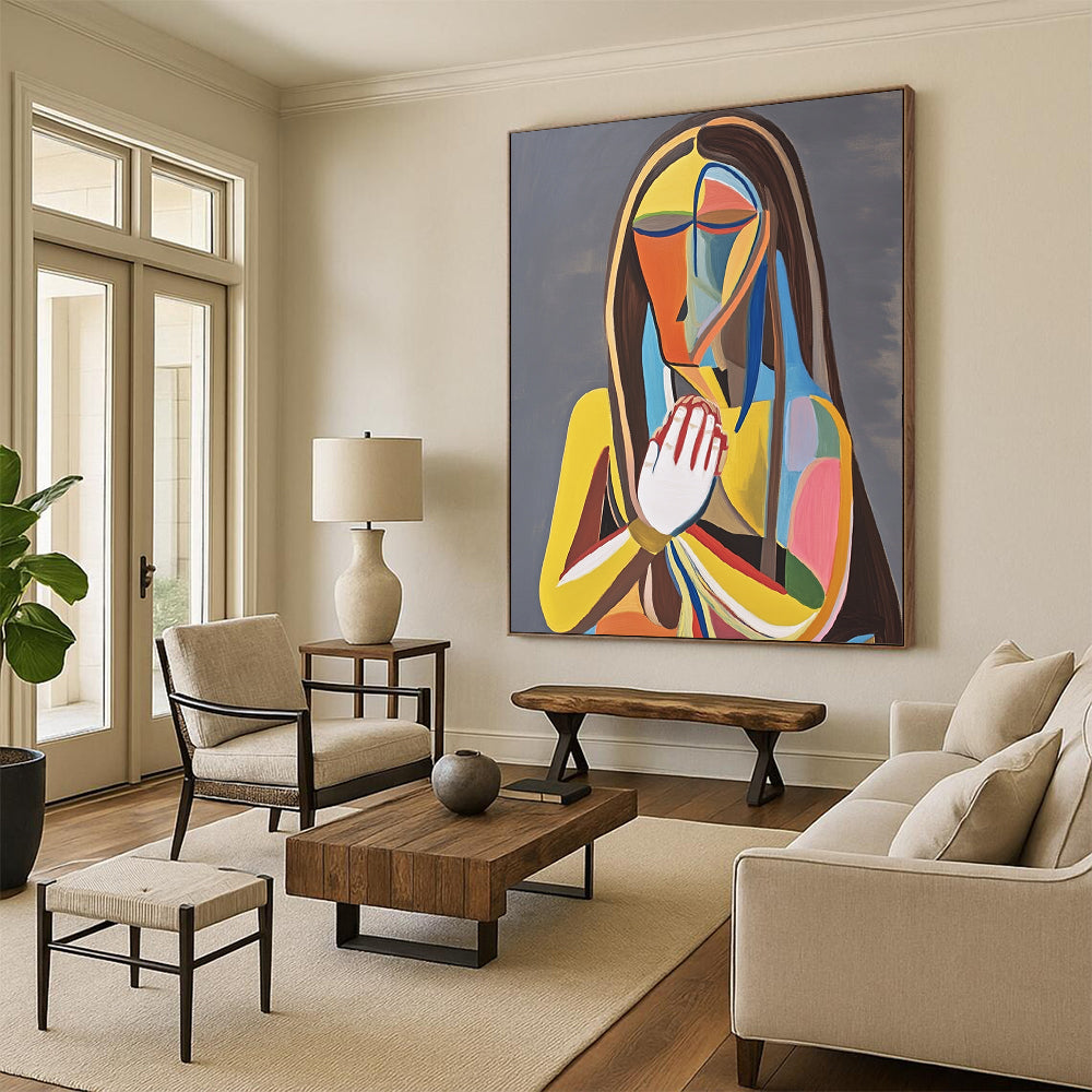 Contemporary abstract painting featuring a woman on a throne holding her chest in pain against a gray background with vibrant colors and bold lines. DLZ1381