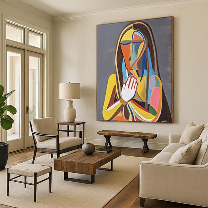 Contemporary abstract painting featuring a woman on a throne holding her chest in pain against a gray background with vibrant colors and bold lines. DLZ1381