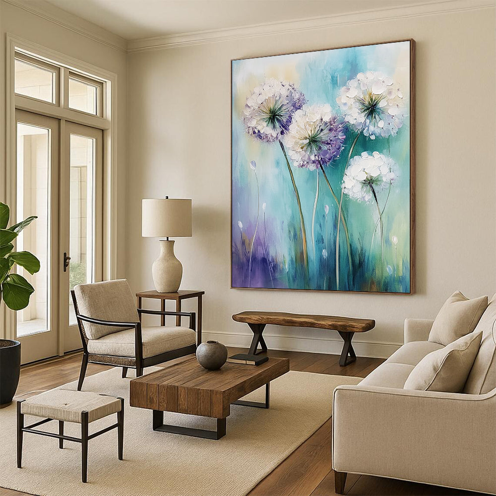 Contemporary abstract art featuring white alliums swaying in the wind with soft pale purple and teal hues in a gentle focus style. DLZ1730