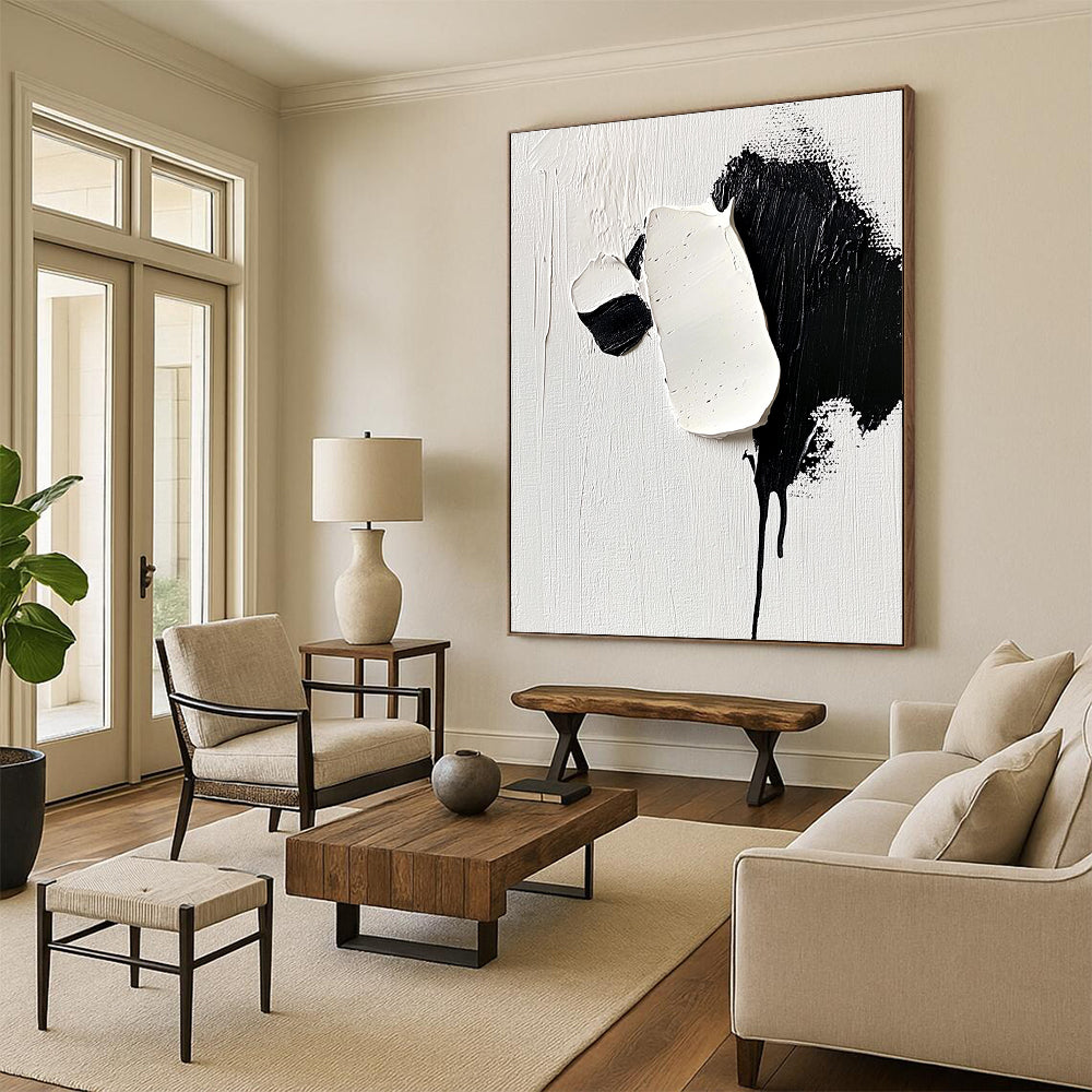 Contemporary hand-painted abstract art featuring a cute panda with detailed strokes of white and black on a minimalist background capturing softness and elegance. DLZ1737