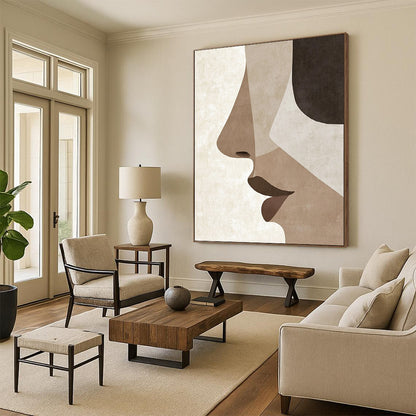 Contemporary hand-painted abstract art showcases minimalist Japandi style with simple facial features and a serene palette of earthy tones. DLZ1628
