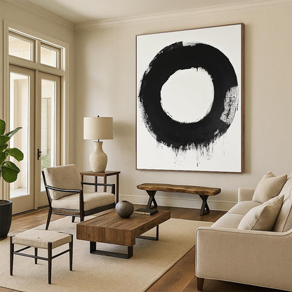Black and White Bold Circle "Zen Simplicity" Painting On Canvas HB262