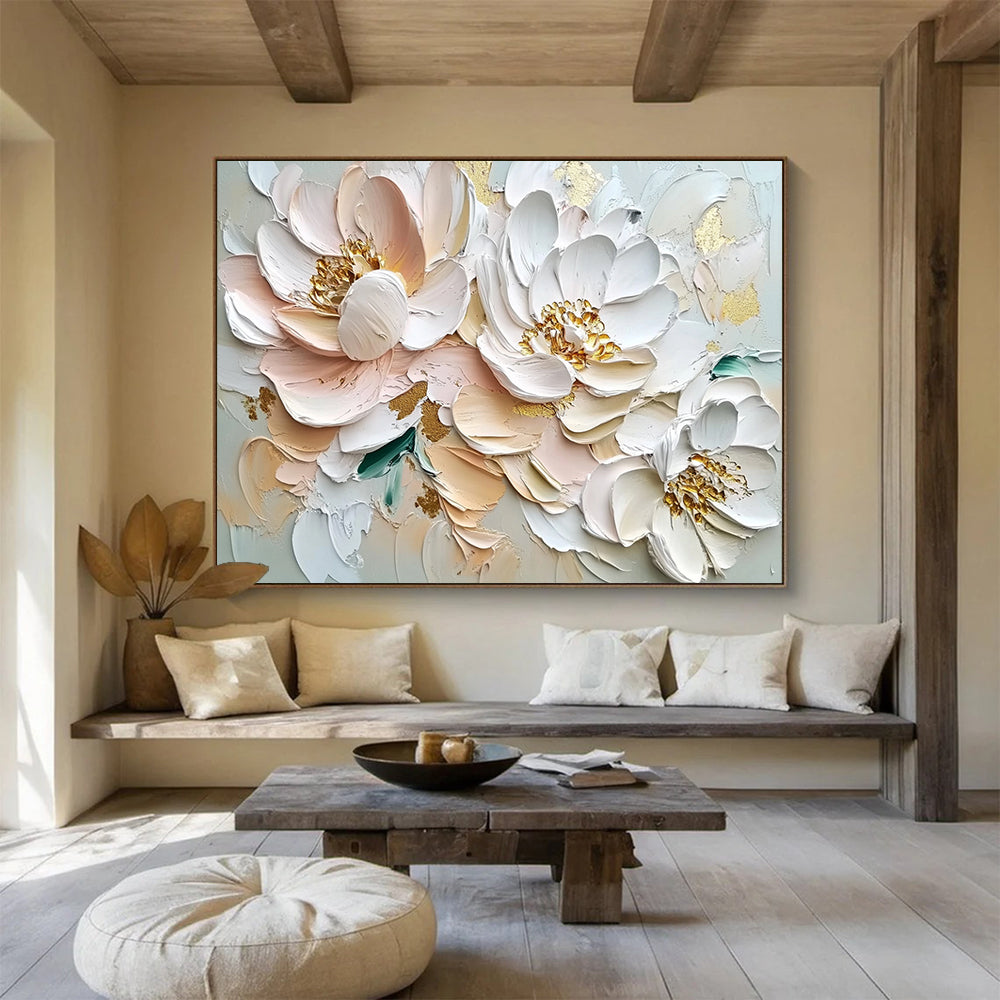 Blush and White Flowers with Gold Accents - Textured Floral Luxury Painting On Canvas HB0429