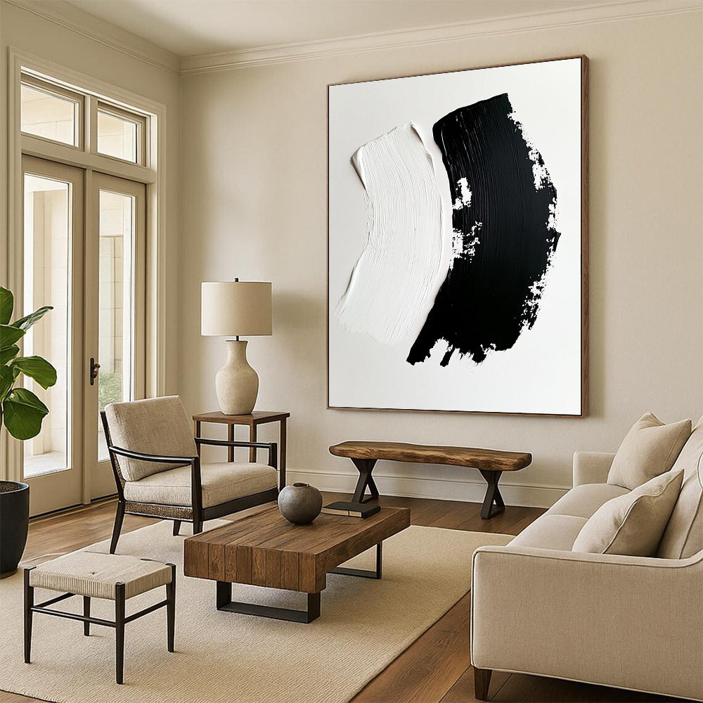 Contemporary hand-painted abstract art featuring dynamic black brushstrokes on white canvas showcasing depth and contrast in an engaging composition. DLZ1746