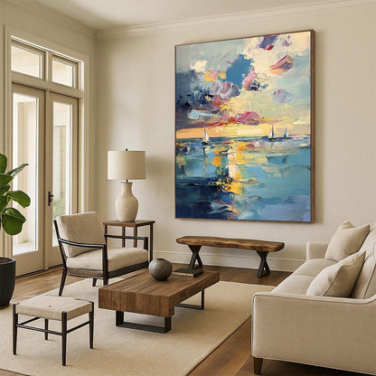 Contemporary abstract painting features a serene sea with distant sailboats and ethereal sunlight, showcasing vibrant pastel reflections and visible brushstrokes. DLZ1112