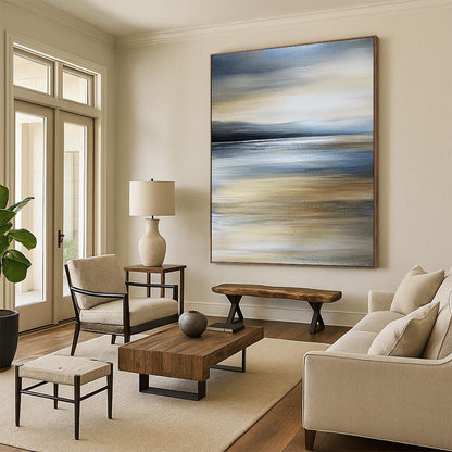 Contemporary hand-painted abstract art captures a tranquil beach scene with calm sea and an overcast sky in soothing shades of grey and blue. DLZ0999