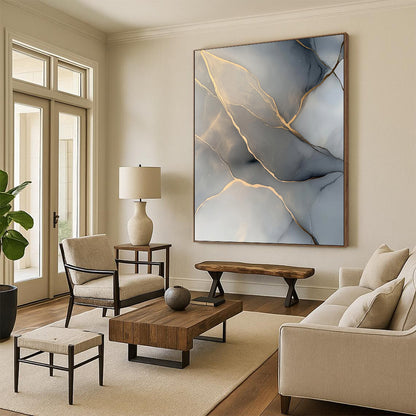 Gray, Gold, Veined Patterns "Marble Majesty" Abstract Painting On Canvas HB040