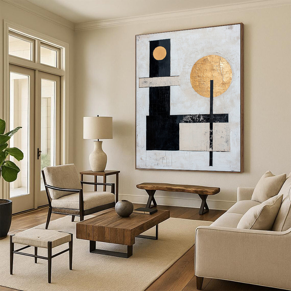 White, Black, Gold with Geometric Circles "Celestial Balance" Abstract Painting On Canvas HB018