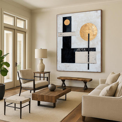 White, Black, Gold with Geometric Circles "Celestial Balance" Abstract Painting On Canvas HB018