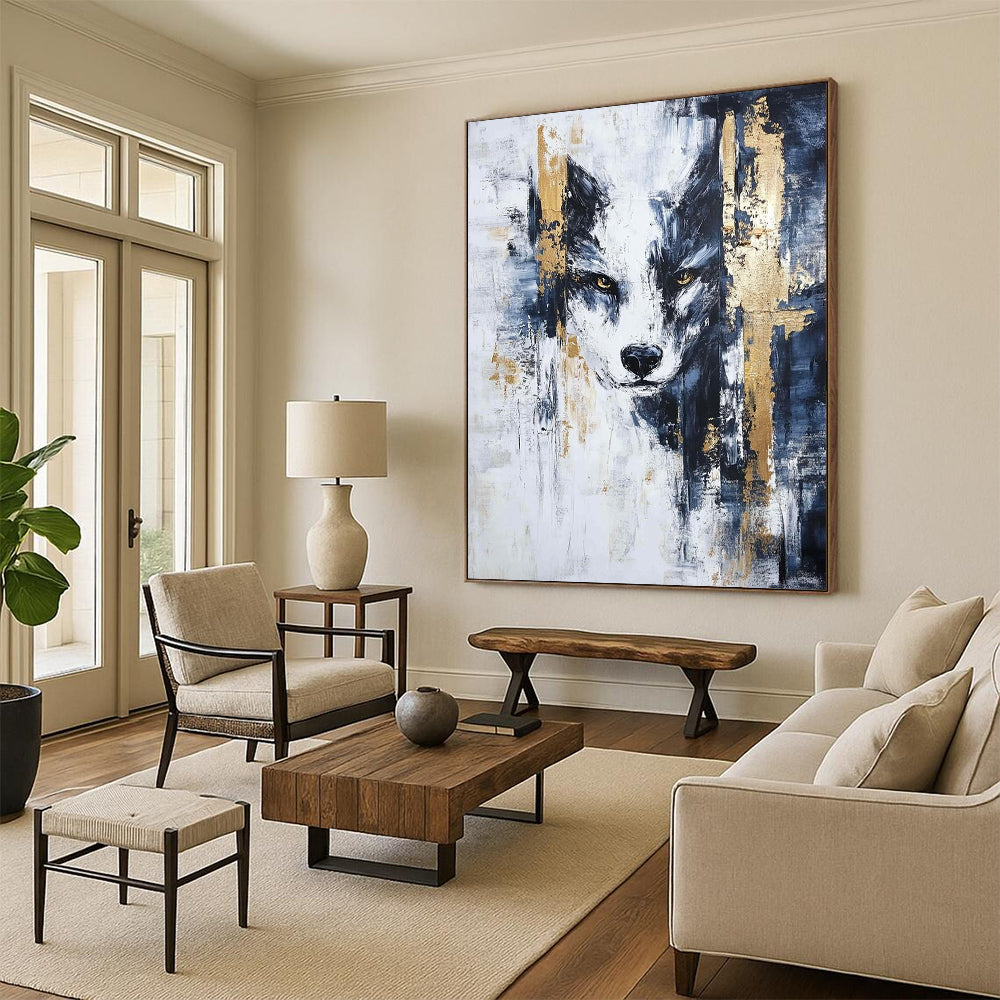 Large contemporary hand-painted abstract artwork featuring blue black white textures with intricate gold accents in a striking modern style. DLZ0359
