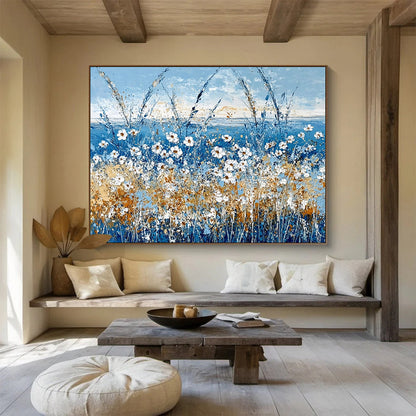 “Blue Wildflower Field with White Daisies” - Blue, White, Yellow, Orange, Floral Landscape Painting On Canvas HB0828
