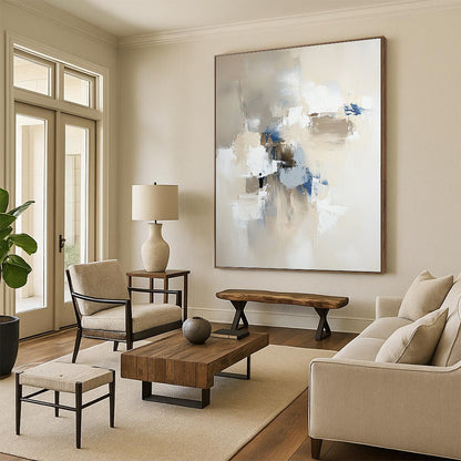 Contemporary abstract painting in neutral tones with blue and gray accents featuring bold brush strokes and soft edges for a modern aesthetic. DLZ0562