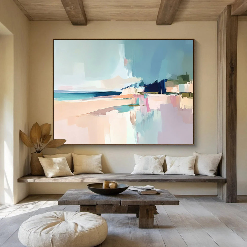 “Pastel Coastal Abstract” - Soft Blue, Pink, Beige, Abstract Beach Scene Painting On Canvas HB0980