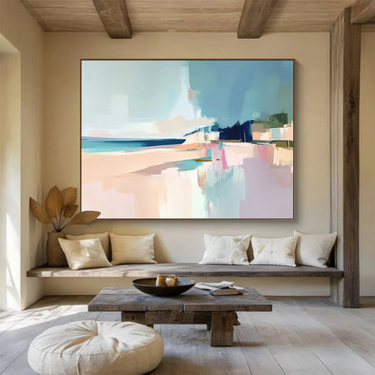 “Pastel Coastal Abstract” - Soft Blue, Pink, Beige, Abstract Beach Scene Painting On Canvas HB0980