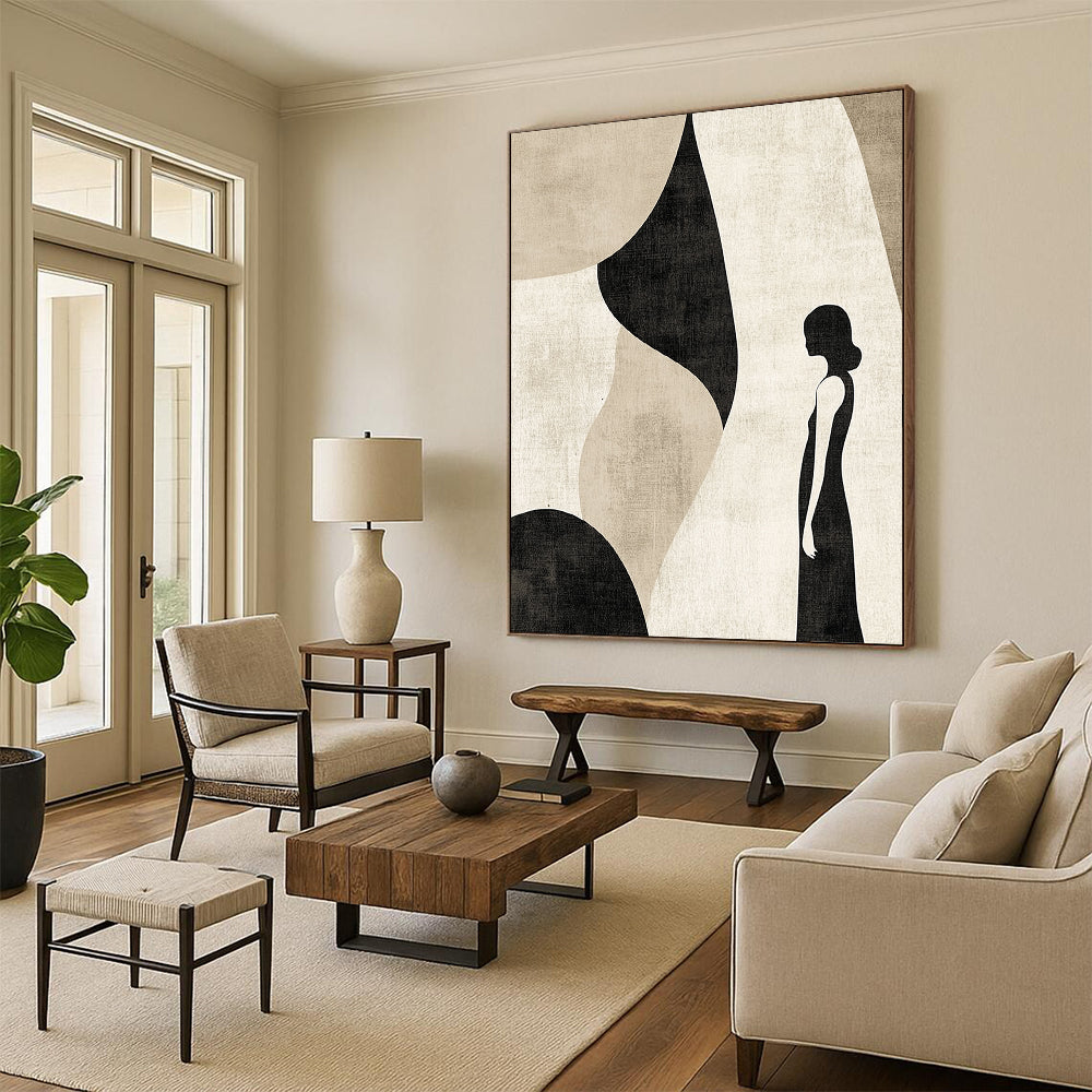 Contemporary abstract artwork featuring muted beige and black tones with simple line art, perfect for modern decor aesthetics. DLZ0798