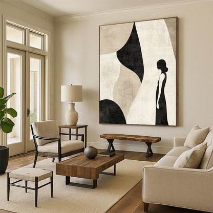 Contemporary abstract artwork featuring muted beige and black tones with simple line art, perfect for modern decor aesthetics. DLZ0798