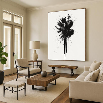 Black and White Splattered Flowers "Dramatic Blooms" Painting On Canvas HB299