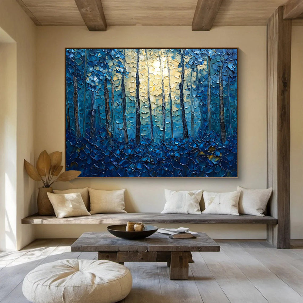 “Moonlit Forest in Blue” - Blues, Yellows, Browns, Textured Forest Scene - Impasto Landscape Painting HB1557