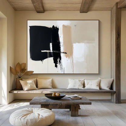 “Black Beige White Minimalist Strokes” - Black, beige, white; Minimalist abstract with bold brushstrokes HB1287