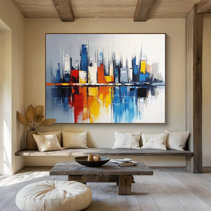 “Colorful Cityscape Reflection” - Colorful, Urban Skyscrapers, Reflection in Water Painting On Canvas HB0848