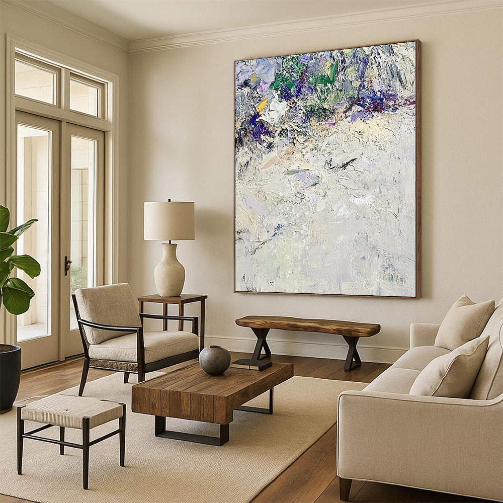 Large contemporary hand-painted abstract artwork featuring textured white sand with vibrant green and purple accents in the style of Claude Monet. DLZ0675