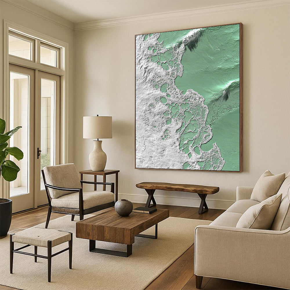 Contemporary abstract artwork inspired by vibrant waves in green and white featuring intricate textures that evoke the essence of coastal life. DLZ1228