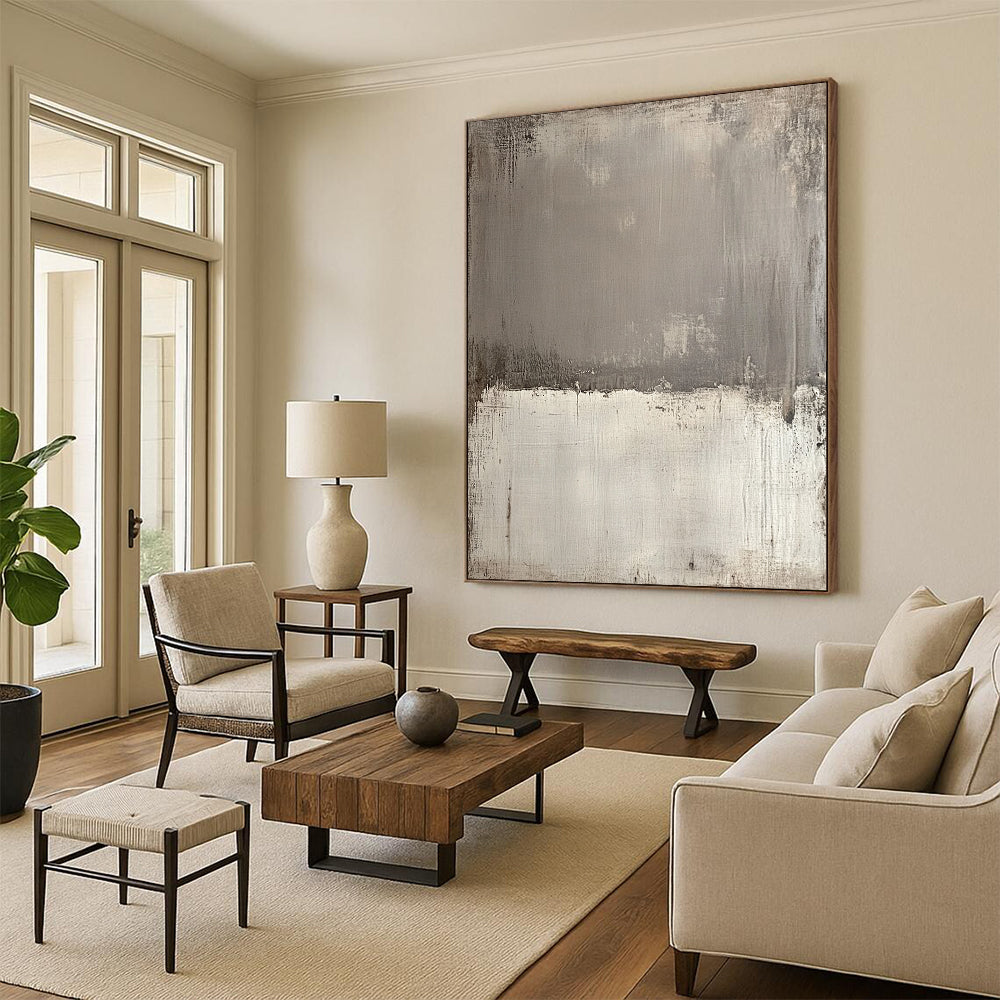 Contemporary hand-painted abstract canvas featuring textured gray tones with sepia edges and a bold white section for striking contrast and depth. DLZ1172